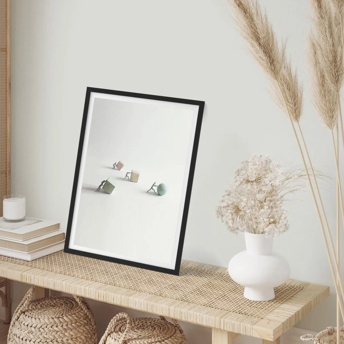 Affisch i svart ram - Miniatyrfigurer som trycker på färgglada geometriska former - 50x70cm - Livet leker - Modern väggdekoration för vardagsrum och sovrum ARTTOR