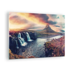 Glastavla - Bild på glas - Vattenfall och berg vid solnedgången i isländskt landskap - 70x50cm - I naturens majestät - Modern väggdekoration för vardagsrum och sovrum ARTTOR