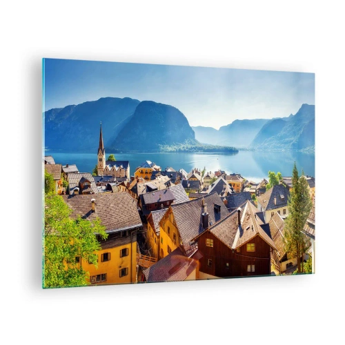 Glastavla - Bild på glas - En pittoresk stad vid en sjö omgiven av berg - 70x50cm - Mera pittoreskt blir det inte - Modern väggdekoration för vardagsrum och sovrum ARTTOR