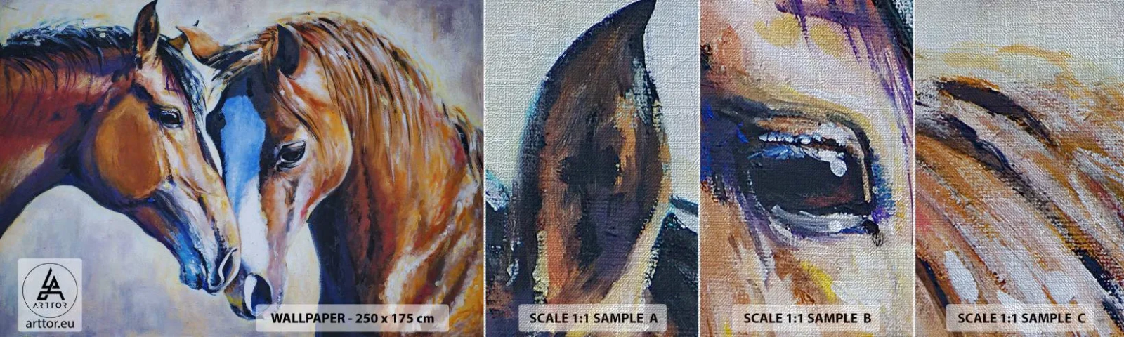 Provbit av fototapet Premium Canvas - Är det vänskap? eller är det kärlek? - Abstraktion, Hästar, Natur - 100x30 cm