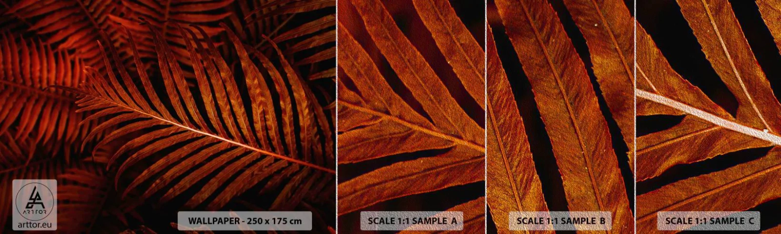 Provbit av fototapet Premium Sand - Livets glöd - Abstraktion, Palmblad, Tropisk växt - 100x30 cm