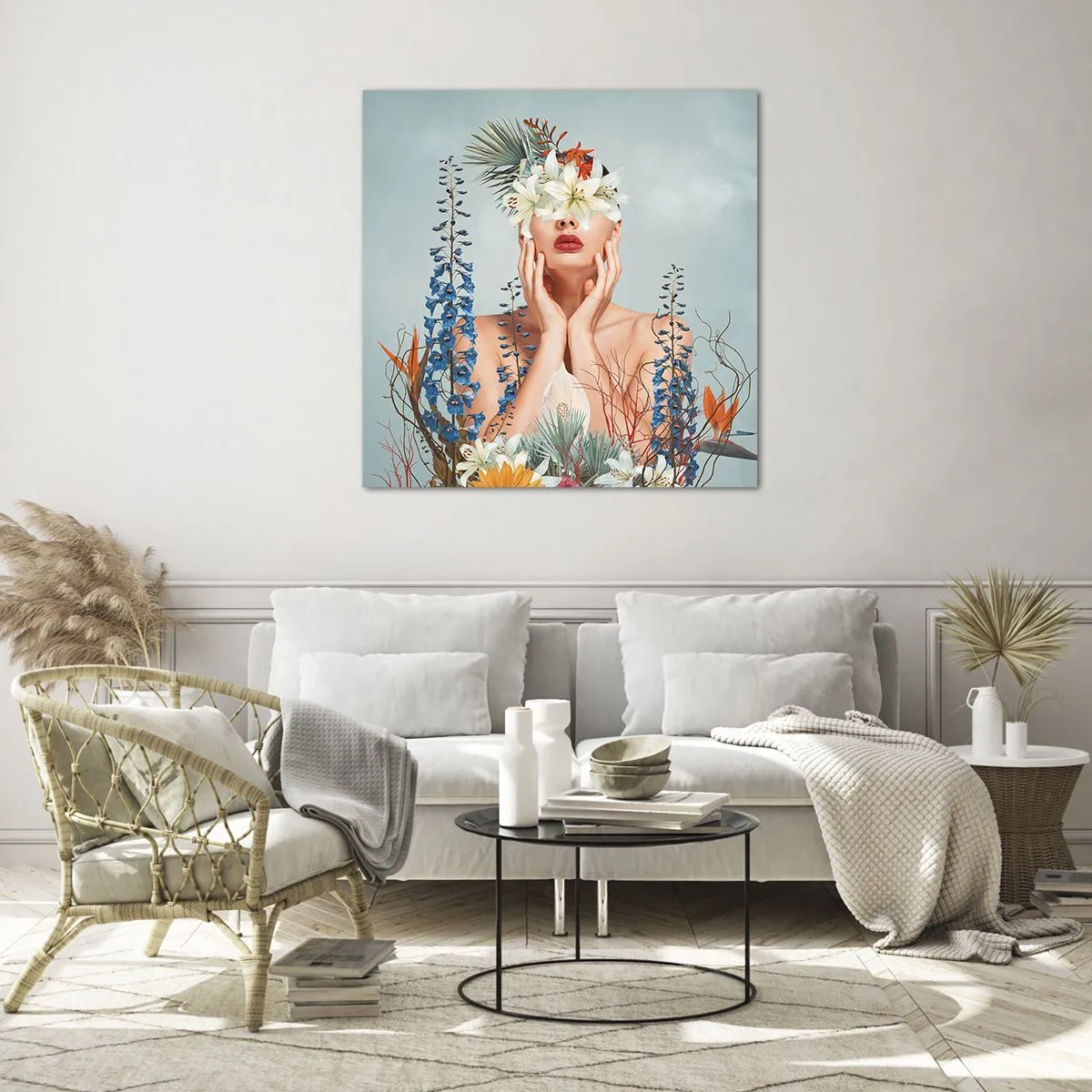 Glastavla - Bild på glas - Kvinna - blomma - 50x50 cm