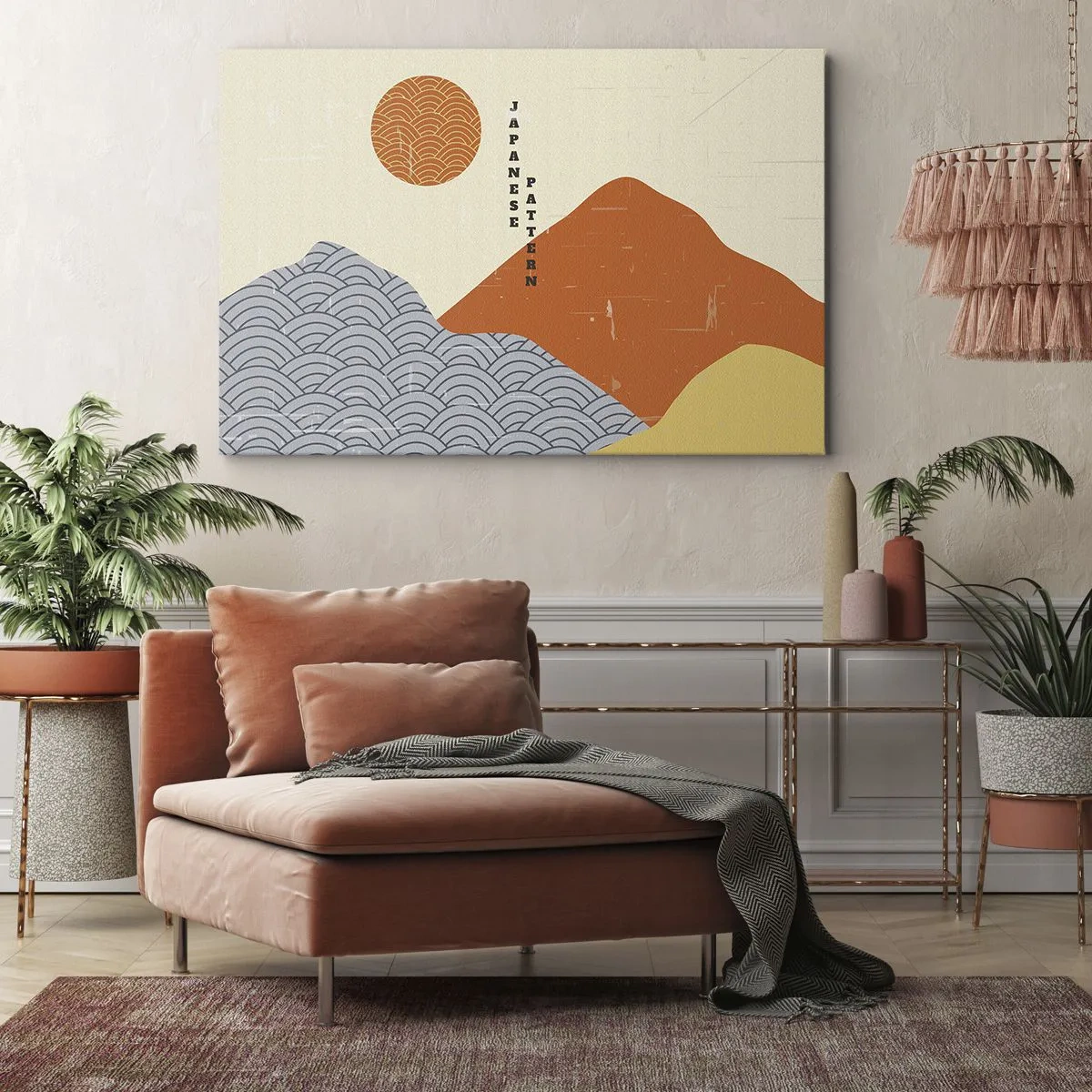 Canvastavla - Bild på duk - Japanska mönster med berg, sol och minimalistisk stil - 70x50cm - I den japanska andan - Modern väggdekoration för vardagsrum och sovrum ARTTOR