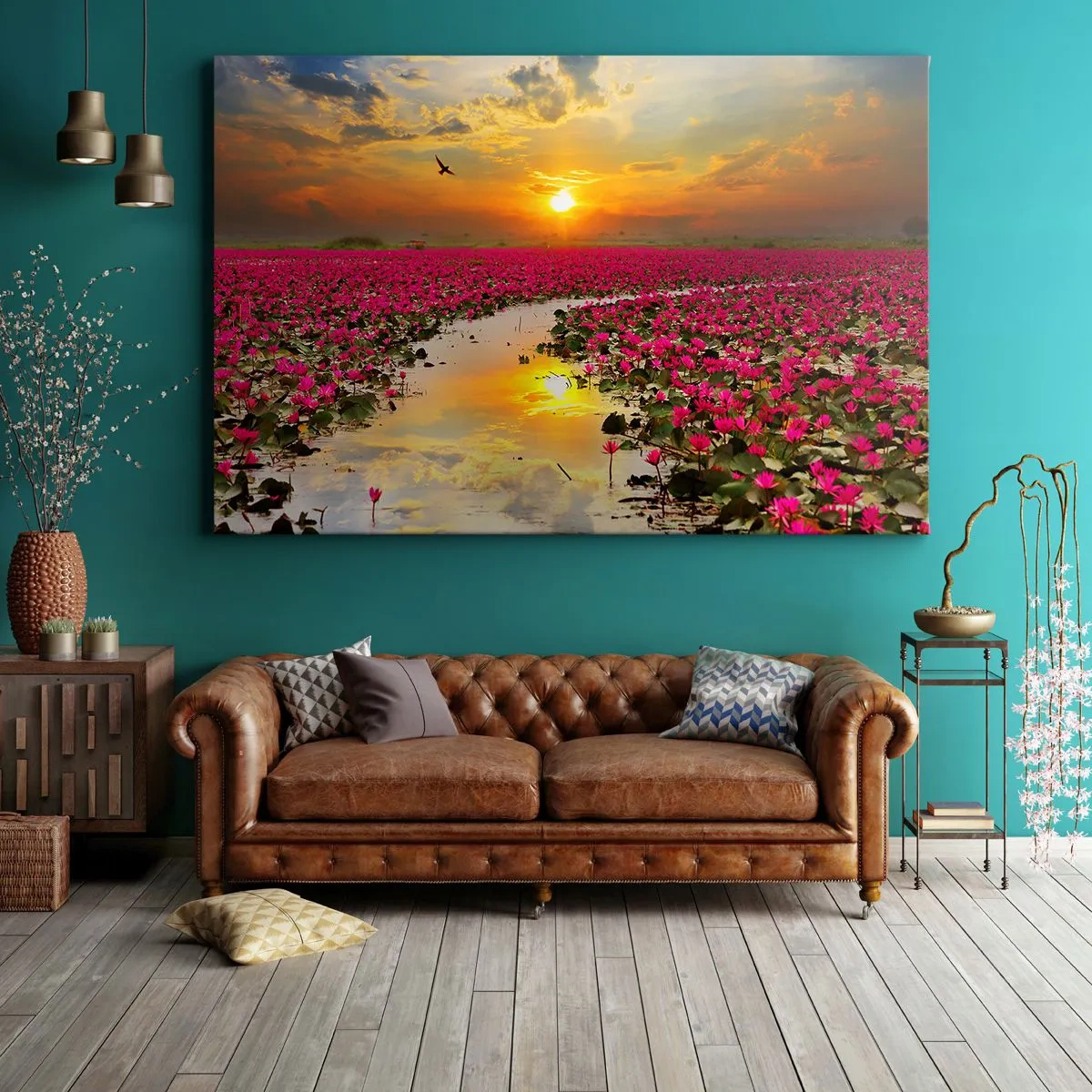 Canvastavla - Bild på duk - Ett fält av rosa näckrosor vid solnedgången - 70x50cm - Sjöns hemlighetsfulla liv - Modern väggdekoration för vardagsrum och sovrum ARTTOR