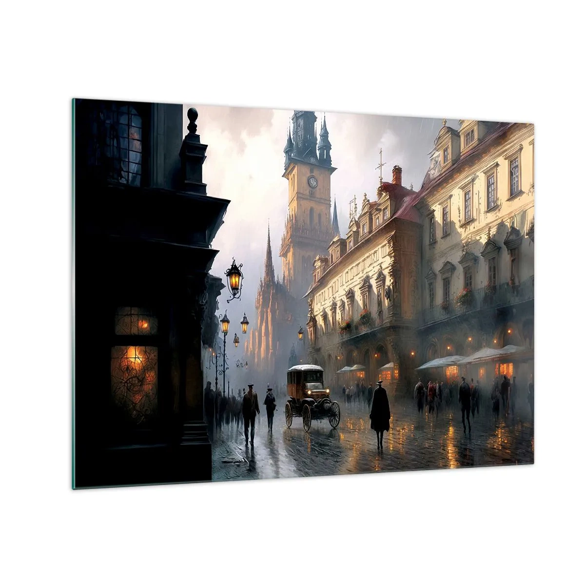Glastavla - Bild på glas - En historisk gata upplyst av lyktor i skymningen - 70x50cm - Magin under en kväll i Prag - Modern väggdekoration för vardagsrum och sovrum ARTTOR