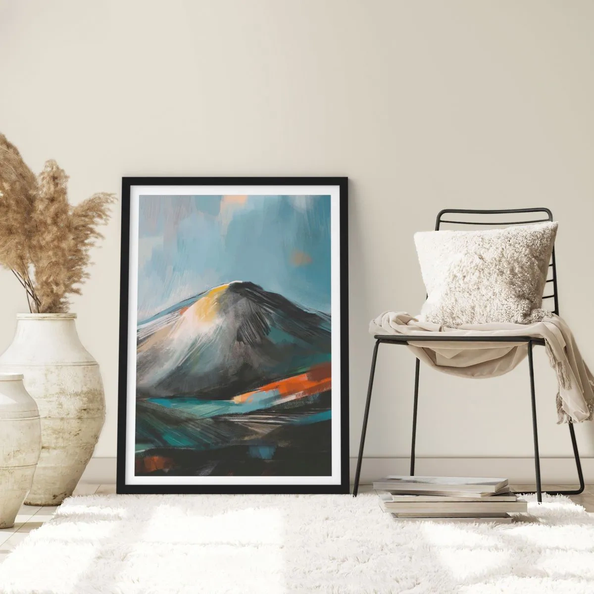Affisch i svart ram - Abstrakt bergslandskap i nyanser av marinblått och orange - 50x70cm - Råa och vackra - Modern väggdekoration för vardagsrum och sovrum ARTTOR