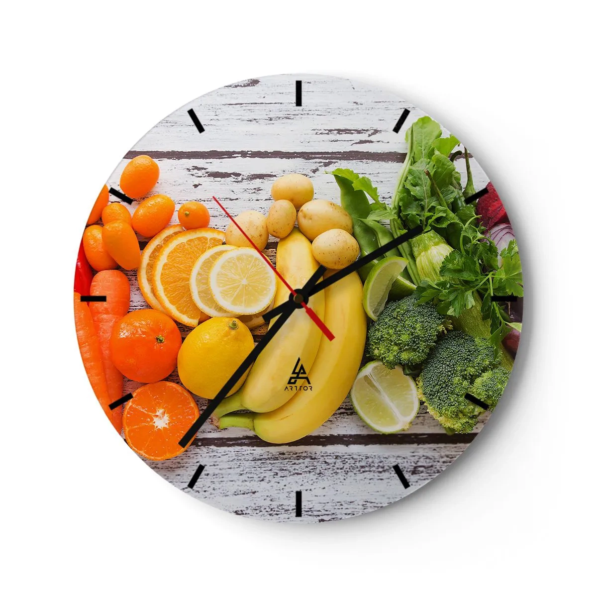 Väggklocka - Klocka på glas - Färgglada frukter och grönsaker på en träbakgrund - 30x30cm - Räcker det inte? - Modern väggdekoration för vardagsrum, kök och sovrum ARTTOR