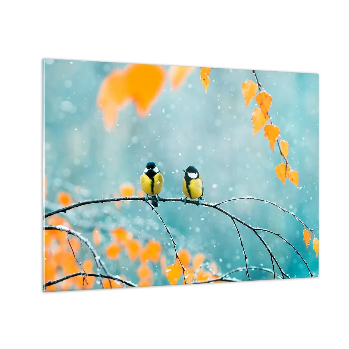 Glastavla - Bild på glas - Två mesar som sitter på en kvist bland fallande löv - 70x50cm - Fåglarnas skvaller - Modern väggdekoration för vardagsrum och sovrum ARTTOR