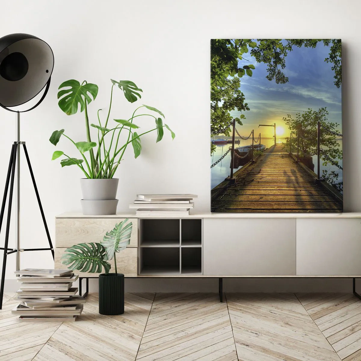 Canvastavla - Bild på duk - Solnedgång vid vatten - 45x80 cm