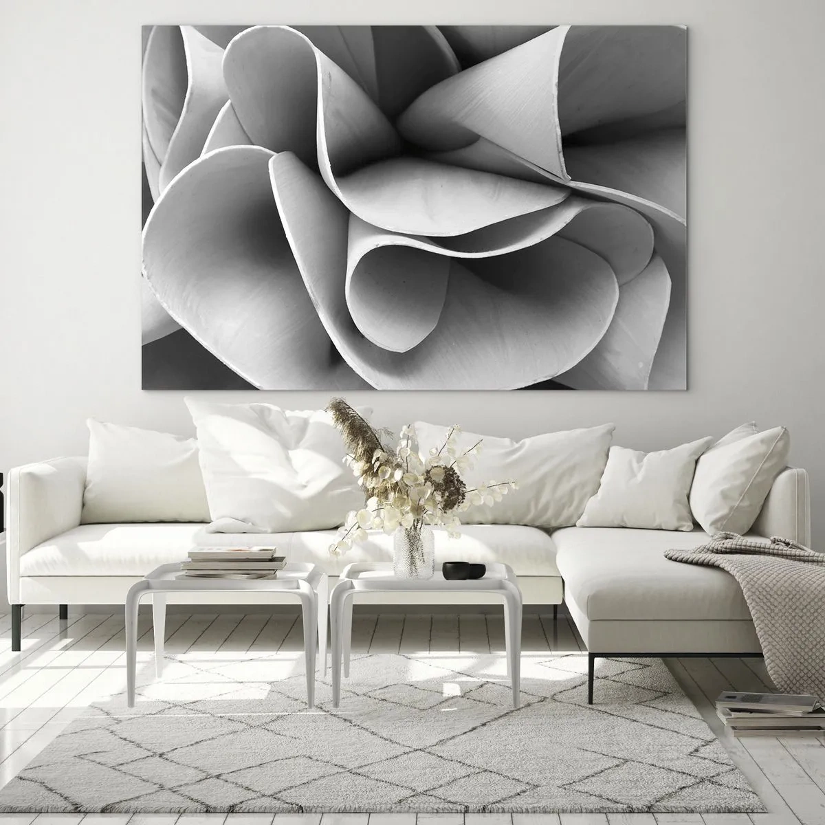 Glastavla - Bild på glas - Svartvit närbild av abstrakta spiralformer - 70x50cm - Det händer i rummet - Modern väggdekoration för vardagsrum och sovrum ARTTOR