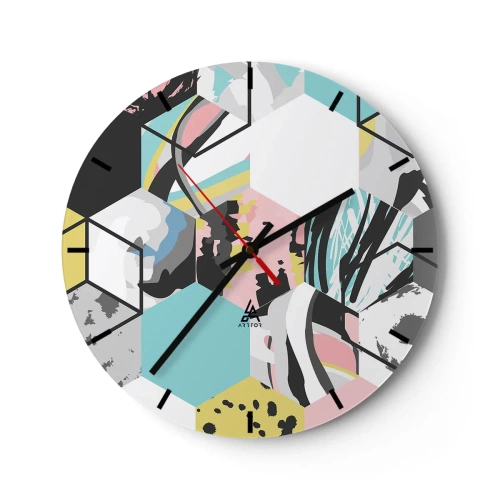 Väggklocka - Klocka på glas - Abstrakta hexagoner i pastellfärger - 30x30cm - Sexkanter och kuber i sex färger - Modern väggdekoration för vardagsrum, kök och sovrum ARTTOR