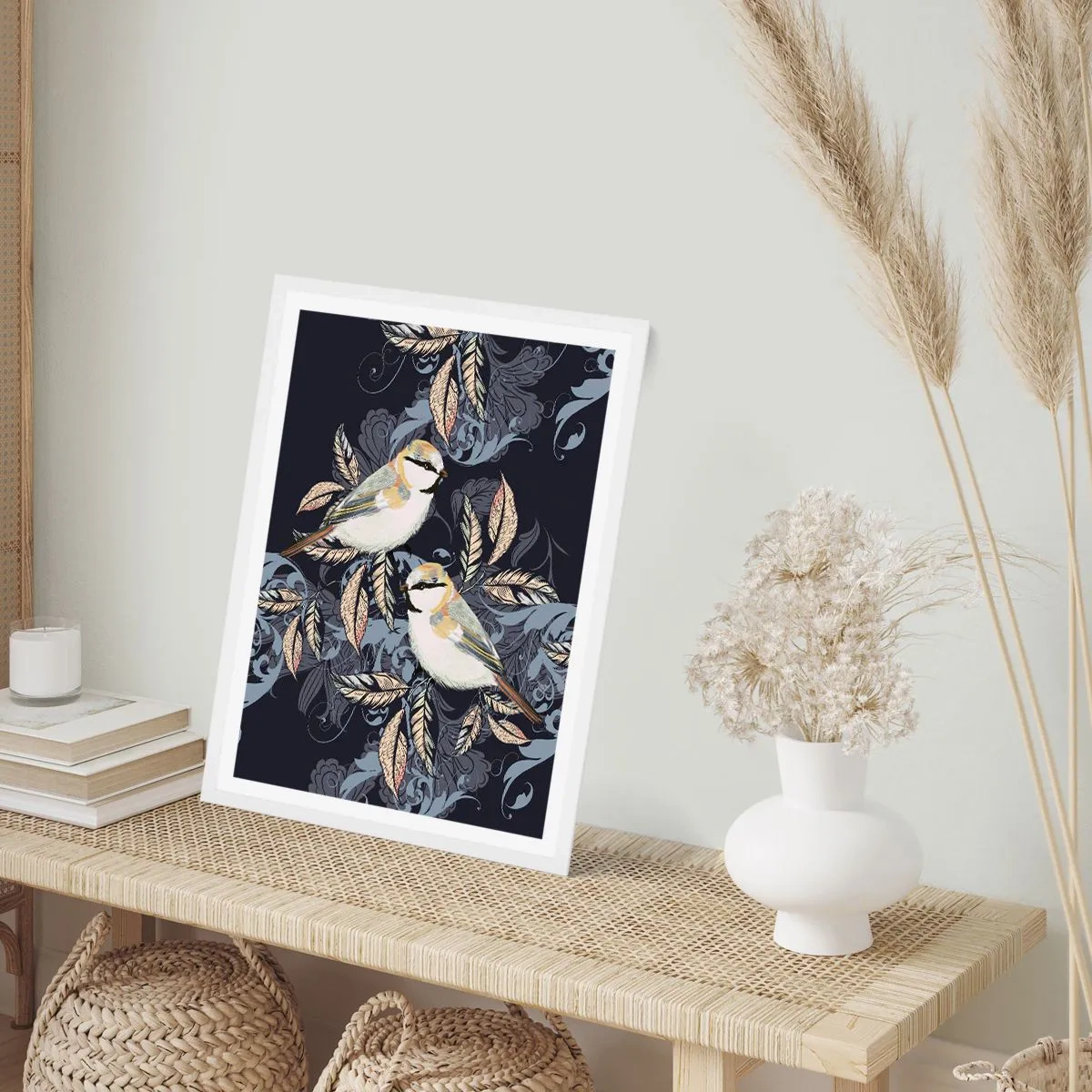 Affisch i vit ram - Gul-grå fågelsång - 50x70 cm