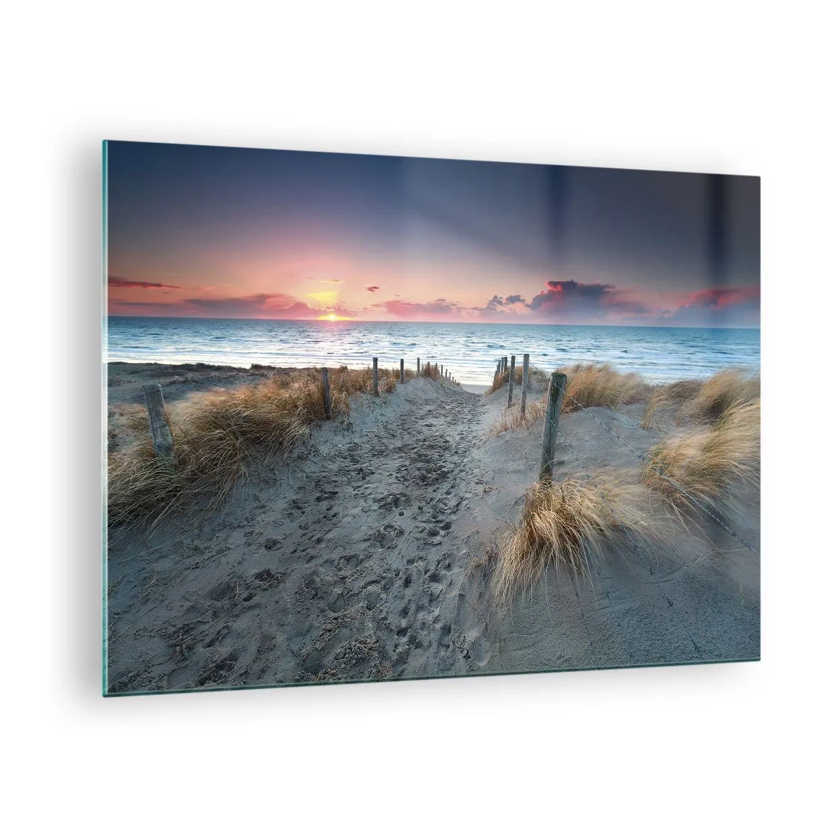 Glastavla - Bild på glas - Stigen genom sanddynerna som leder till havet vid solnedgången - 70x50cm - Utspilld skenregnbåge... - Modern väggdekoration för vardagsrum och sovrum ARTTOR