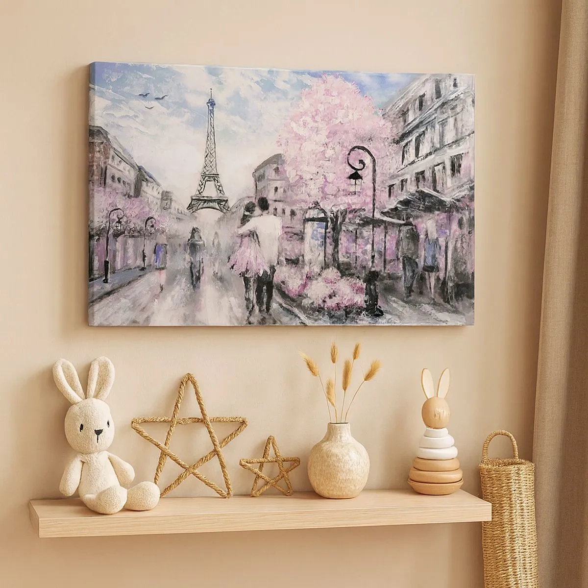 Canvastavla - Bild på duk - En romantisk promenad i Paris vid Eiffeltornet - 70x50cm - Bli kär bara i... - Modern väggdekoration för vardagsrum och sovrum ARTTOR