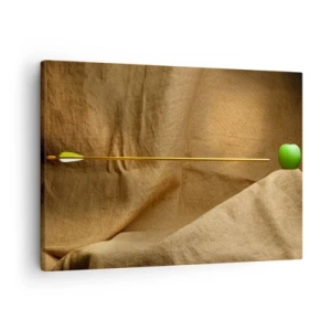Canvastavla - Bild på duk - Grönt äpple på tyg med en pil som skapar en komposition - 70x50cm - Kalla Wilhelm Tells ande - Modern väggdekoration för vardagsrum och sovrum ARTTOR