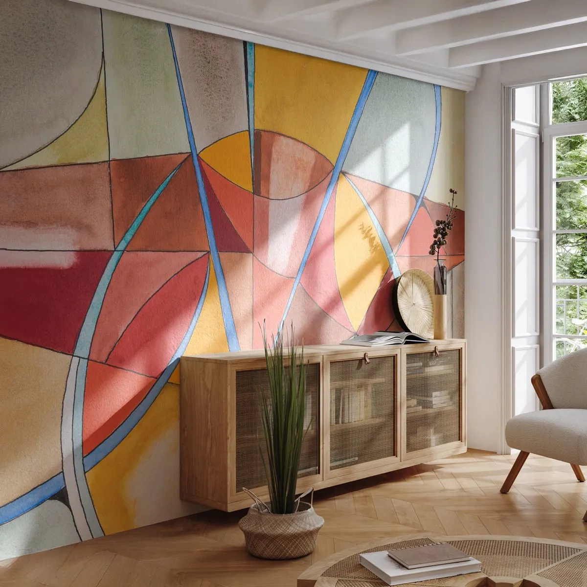 Fototapet Standard Eco - Färgglad geometrisk abstraktion i akvarell - 100x70cm - Karusell, drömmarnas karusell - Modern väggdekoration för vardagsrum och sovrum ARTTOR