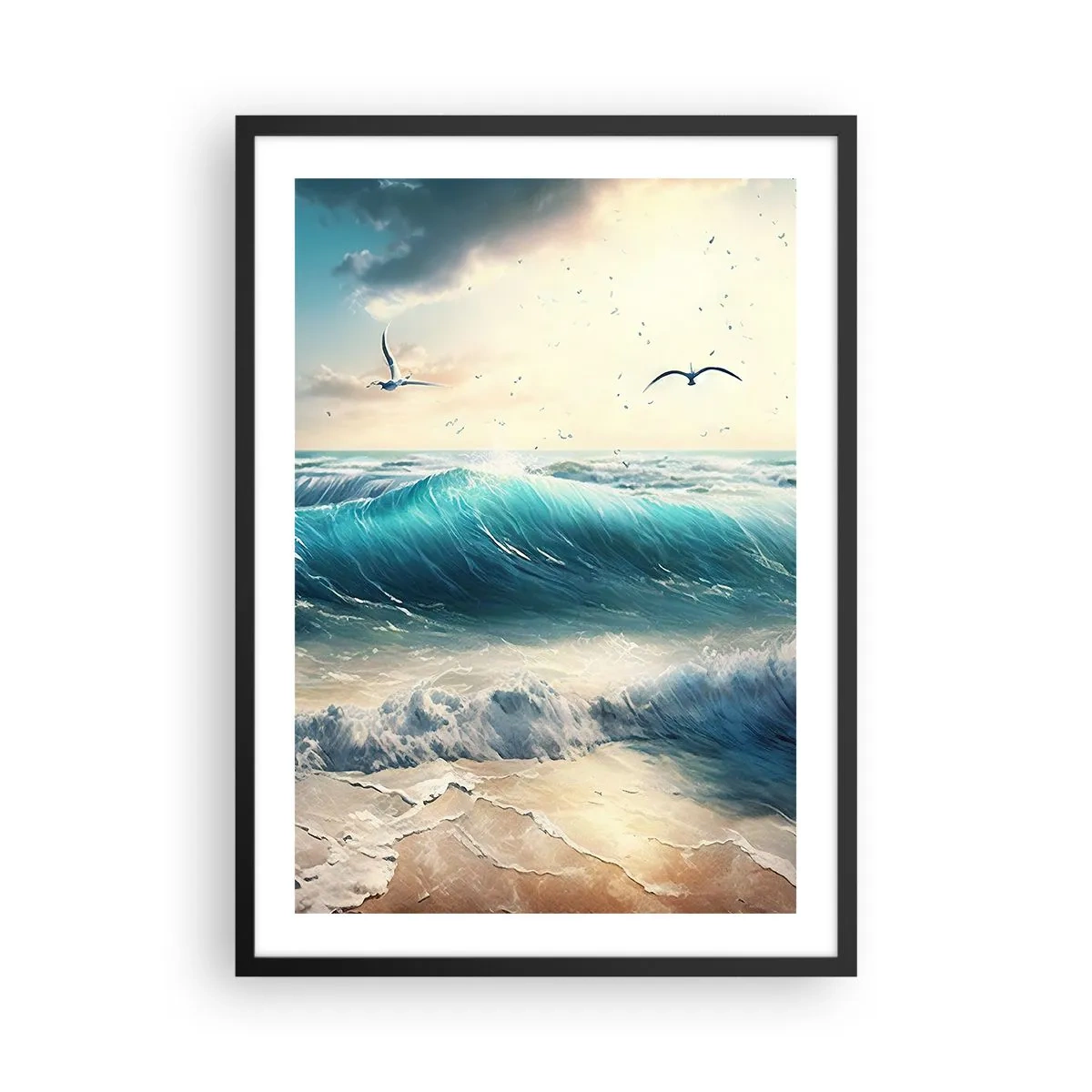 Affisch i svart ram - Turkosa vågor som slår mot stranden - 50x70cm - Ljuder endast för dig - Modern väggdekoration för vardagsrum och sovrum ARTTOR