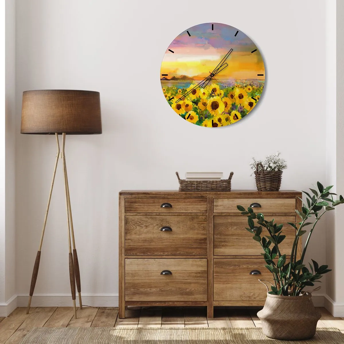 Väggklocka - Klocka på glas - Ett fält av solrosor i skenet av den nedgående solen - 30x30cm - Själva solen gick ner på jorden - Modern väggdekoration för vardagsrum, kök och sovrum ARTTOR