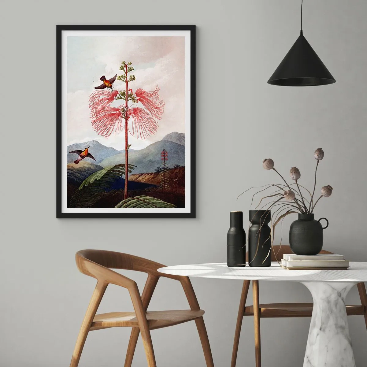 Affisch i svart ram - Exotisk blomma med kolibrier bland bergen - 50x70cm - I ett tropiskt paradis - Modern väggdekoration för vardagsrum och sovrum ARTTOR