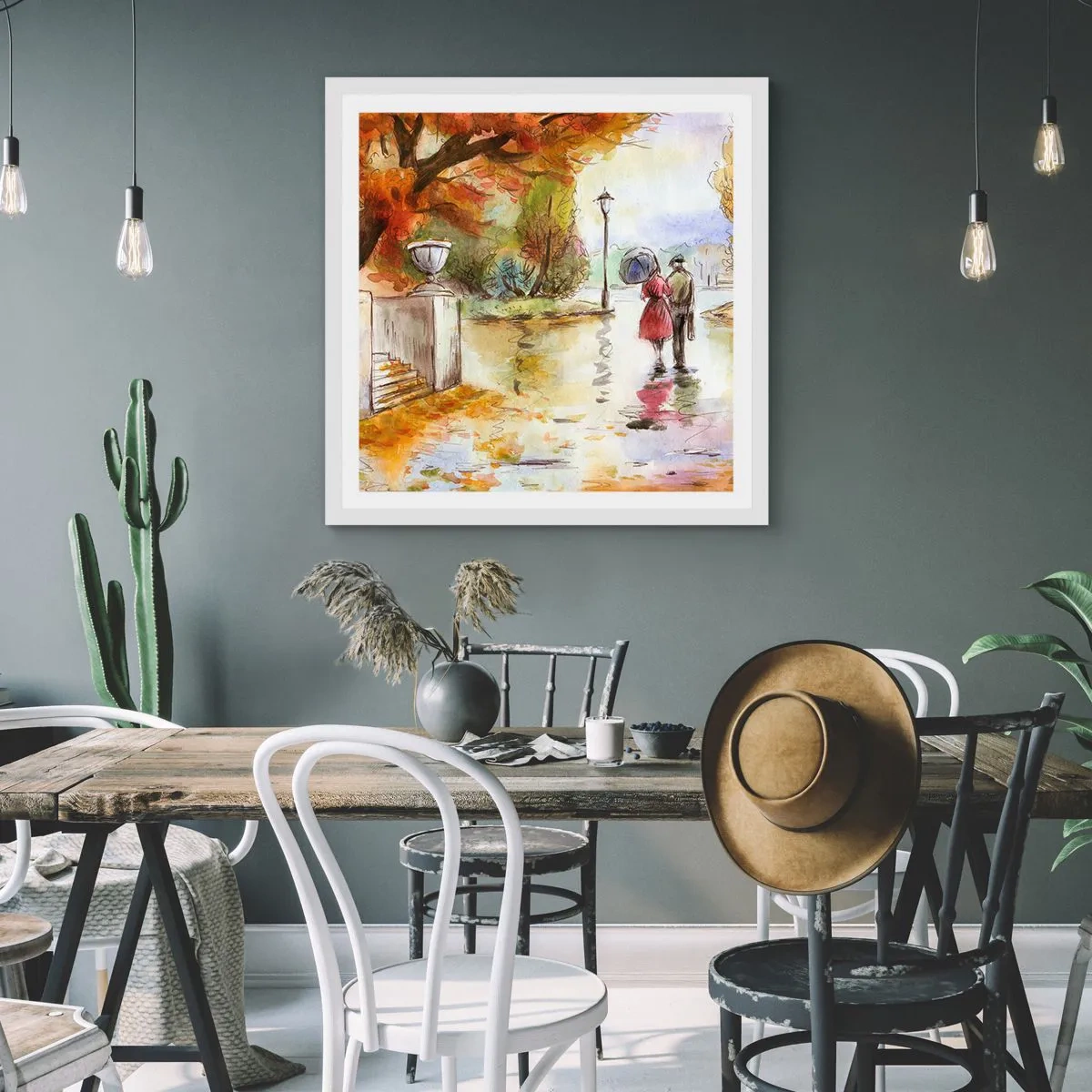 Affisch i vit ram - Romantisk höst i parken - 60x60 cm