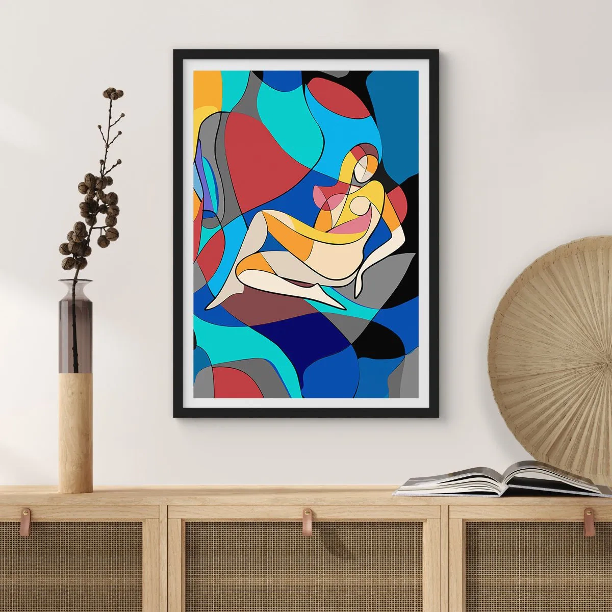 Affisch i svart ram - Abstrakt silhuett av en kvinna i en färgglad komposition - 50x70cm - Kubistisk nakenbild - Modern väggdekoration för vardagsrum och sovrum ARTTOR