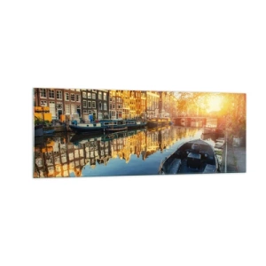 Glastavla - Bild på glas - En morgon i Amsterdam - 140x50 cm