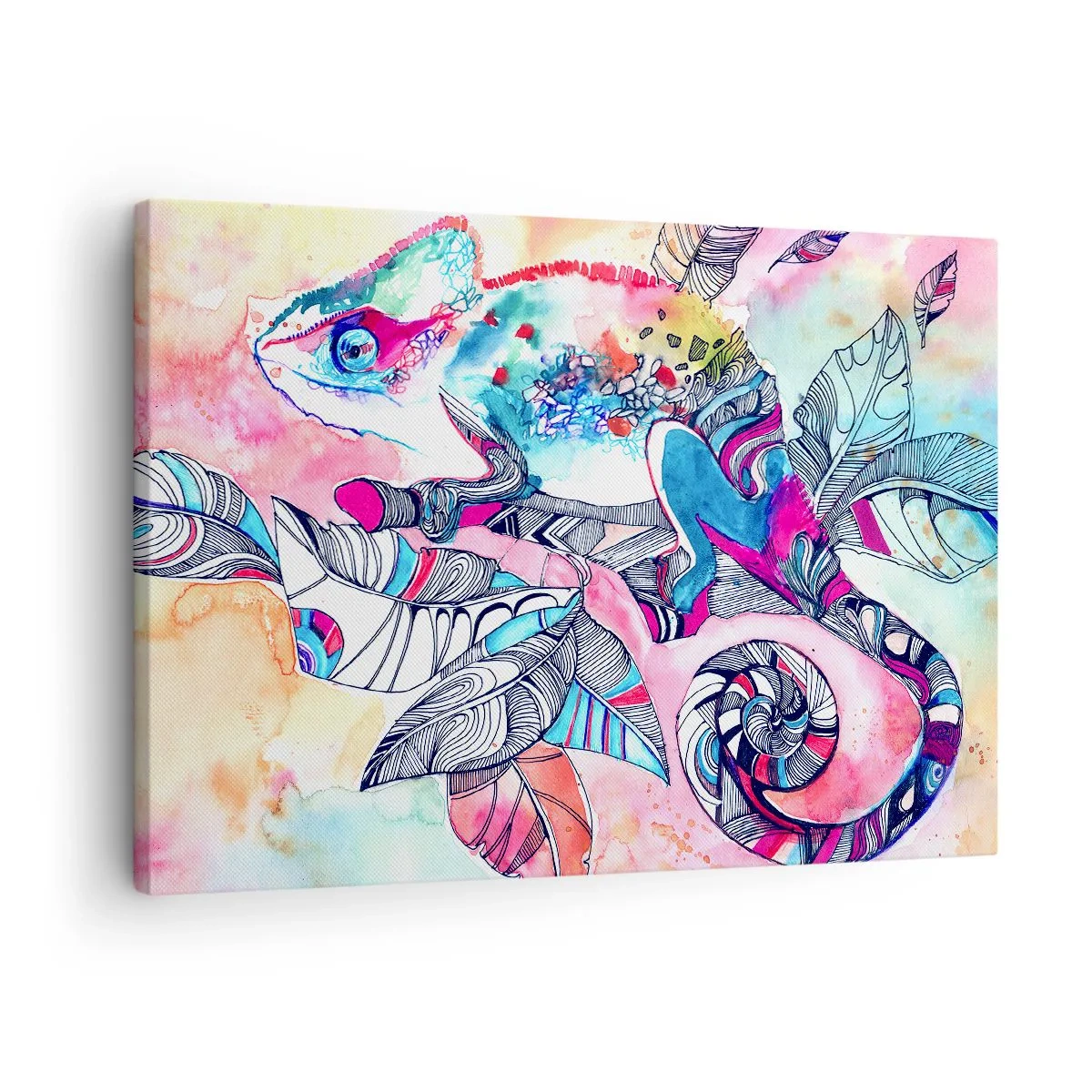 Canvastavla - Bild på duk - Färgglad kameleont på abstrakt lövbakgrund - 70x50cm - Färgglad som vår värld - Modern väggdekoration för vardagsrum och sovrum ARTTOR