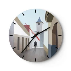 Väggklocka - Klocka på glas - En figur mot bakgrunden av en stadsgata i en ljus, geometrisk miljö - 30x30cm - Solig promenad - Modern väggdekoration för vardagsrum, kök och sovrum ARTTOR