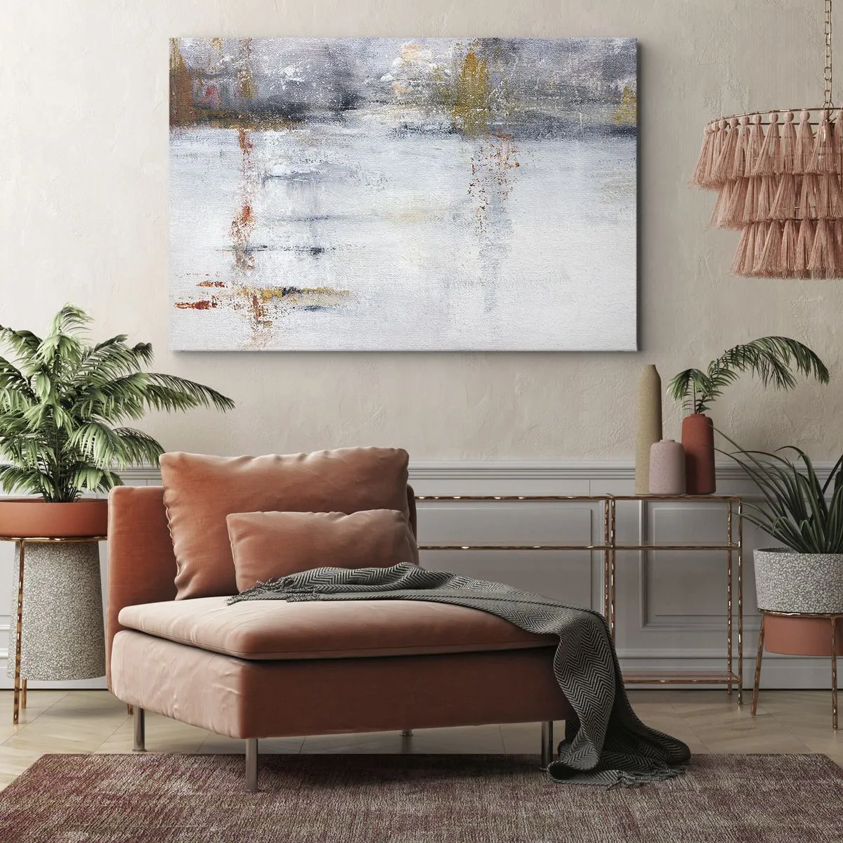 Canvastavla - Bild på duk - Ett abstrakt landskap med suddiga accenter av grått och guld. - 70x50cm - Bakom luftridån - Modern väggdekoration för vardagsrum och sovrum ARTTOR