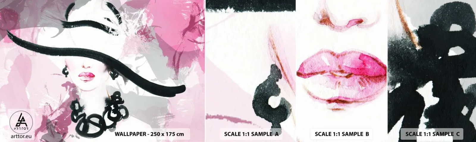 Fototapet Prov Standard Eco - En damportätt i svart och rosa - Kvinna, Kvinnans ansikte, Abstraktion - 100x30 cm