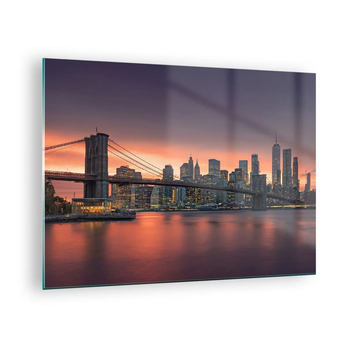 Glastavla - Bild på glas - Brooklynbron vid solnedgången - 70x50cm - Doppad i lila tystnad - Modern väggdekoration för vardagsrum och sovrum ARTTOR