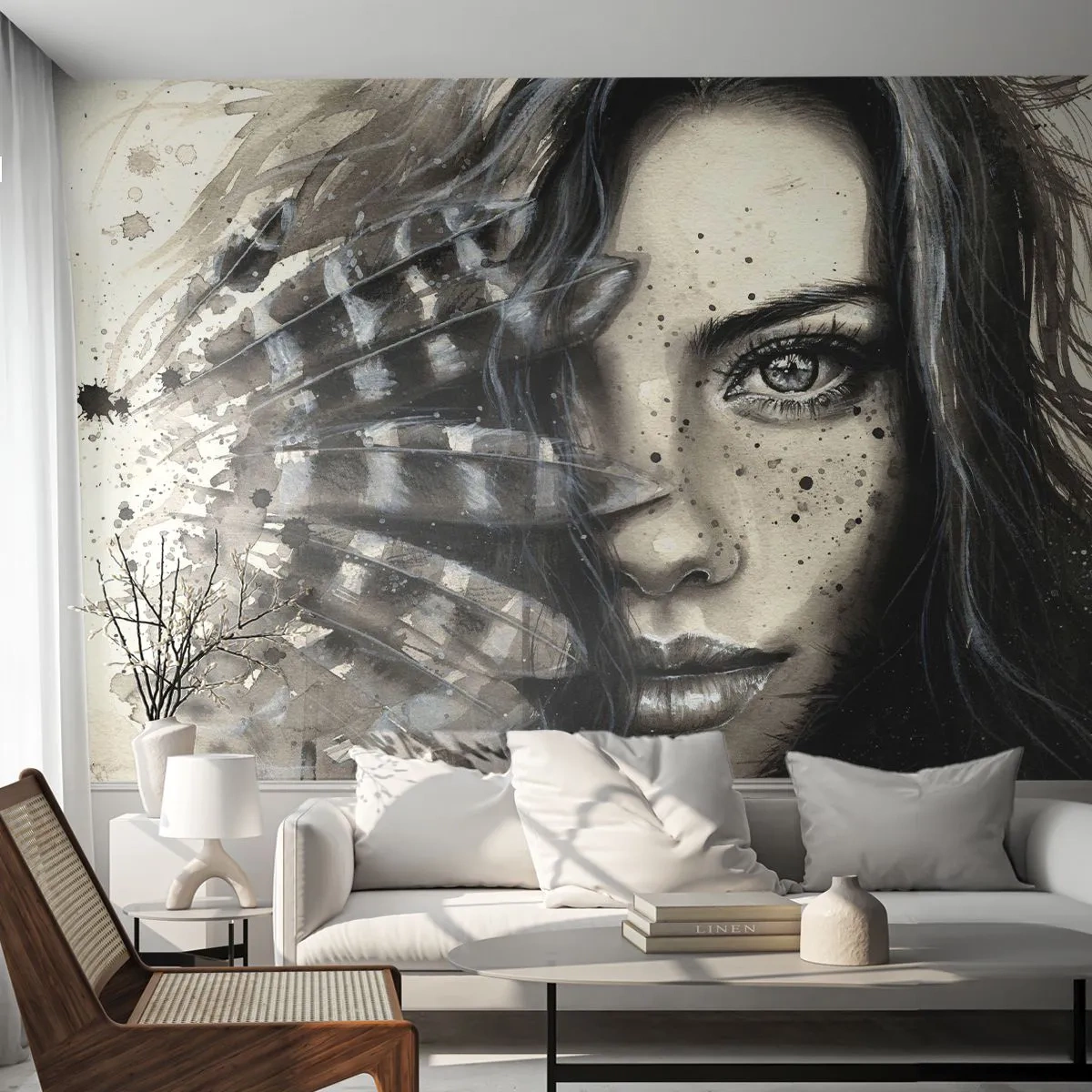 Självhäftande Fototapet Deluxe Sticker - Vild skönhet - Kvinna, Fågelfjädrar, Grafik - 250x175 cm