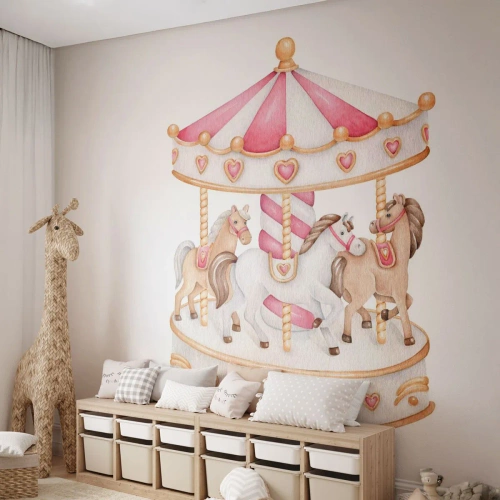 Fototapet Premium Sand - Barndomens ljuva värld - Merry-go-round, Girly, Hästar - 100x70 cm