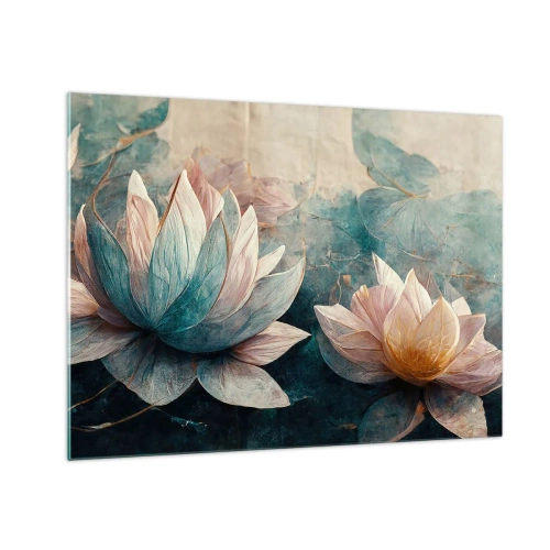 Glastavla - Bild på glas - Konstnärlig representation av lotusblommor mot en bakgrund av vattenblad. - 70x50cm - Stjärnor i en sjö - Modern väggdekoration för vardagsrum och sovrum ARTTOR