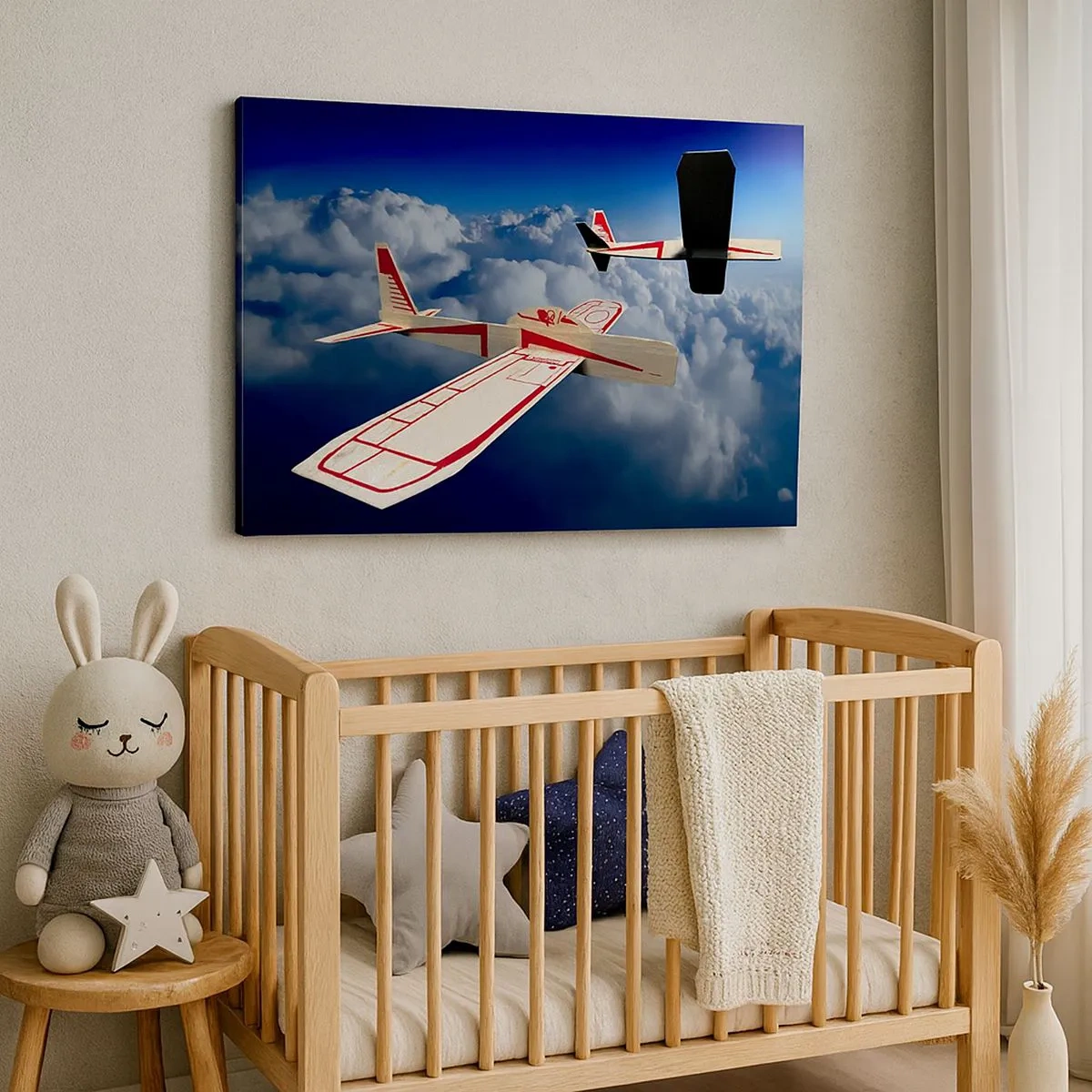 Canvastavla - Bild på duk - Två träflygplan som svävar över molnen mot en blå himmel. - 70x50cm - Ännu högre, ännu längre - Modern väggdekoration för vardagsrum och sovrum ARTTOR
