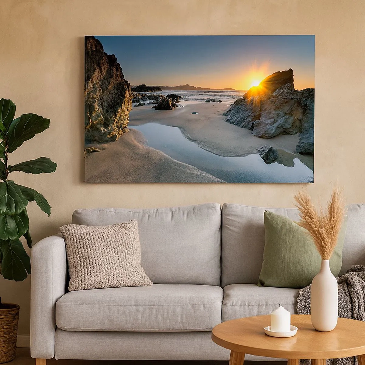 Canvastavla - Bild på duk - Pittoresk solnedgång på en stenig strand - 70x50cm - Orörd av människan - Modern väggdekoration för vardagsrum och sovrum ARTTOR