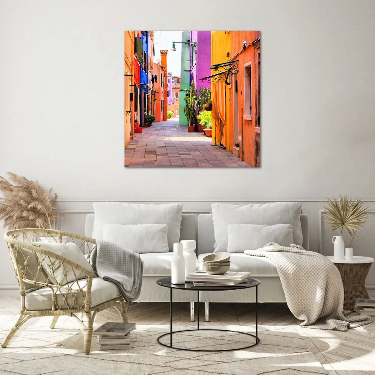 Glastavla - Bild på glas - Regnbågsgränd - 70x70 cm
