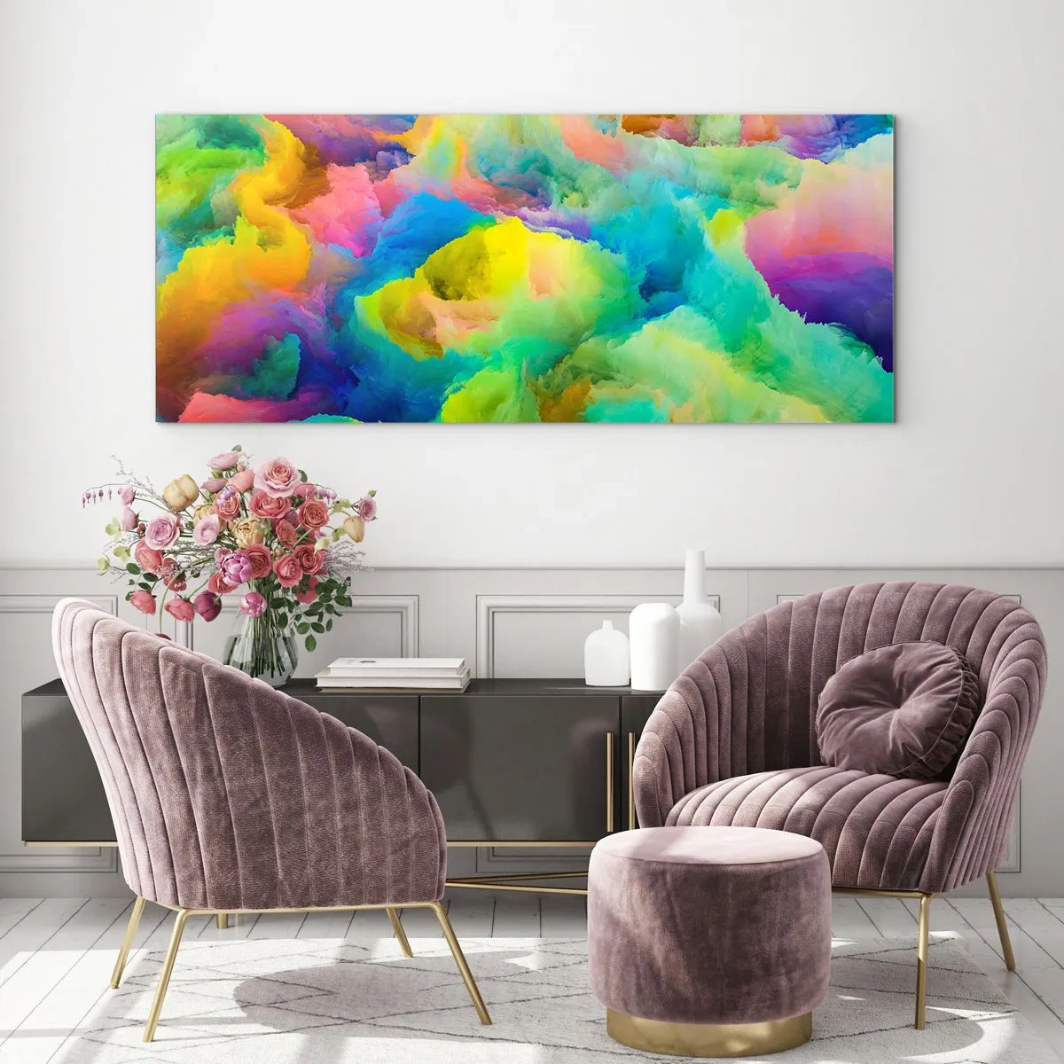 Glastavla - Bild på glas - Regnbågsdun - 100x40 cm