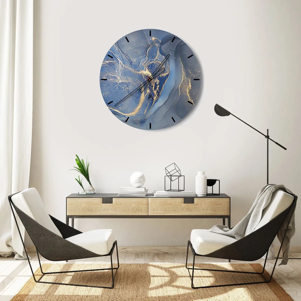 Väggklocka - Klocka på glas - Gyllene blad på svart bakgrund i en modern komposition - 30x30cm - Gulddamm - Modern väggdekoration för vardagsrum, kök och sovrum ARTTOR