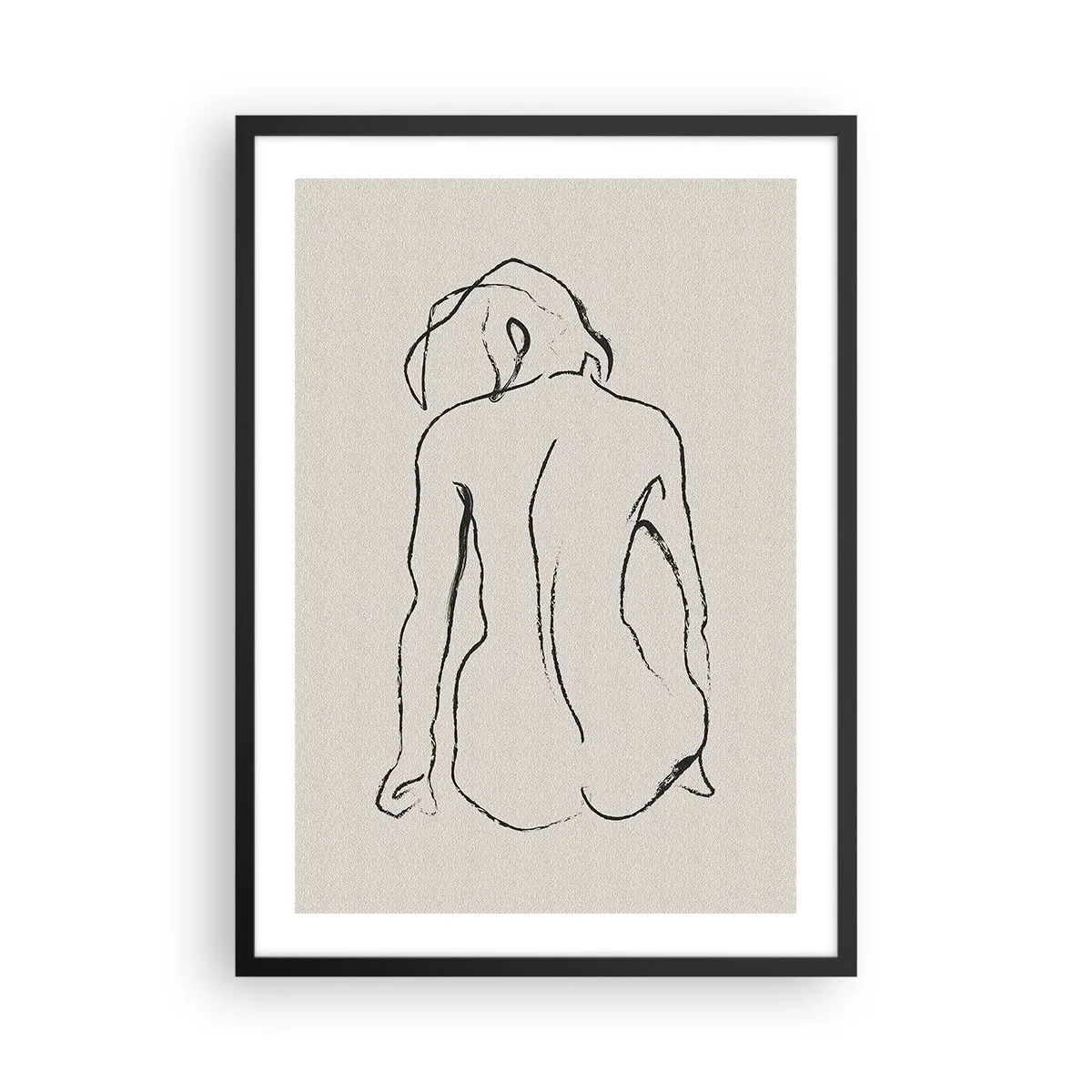 Affisch i svart ram - En minimalistisk skiss av en naken kvinna som sitter baklänges. - 50x70cm - Naken flicka - Modern väggdekoration för vardagsrum och sovrum ARTTOR