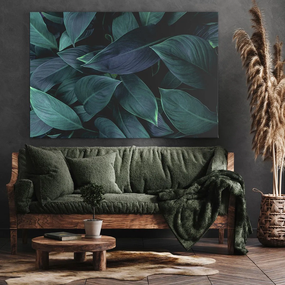 Canvastavla - Bild på duk - Närbild av gröna blad mot en mörk bakgrund - 70x50cm - Grönskan själv - Modern väggdekoration för vardagsrum och sovrum ARTTOR