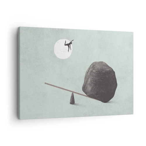 Canvastavla - Bild på duk - En symbolisk scen med en figur och balans mot en ljus himmel. - 70x50cm - Uppfylld dröm - Modern väggdekoration för vardagsrum och sovrum ARTTOR