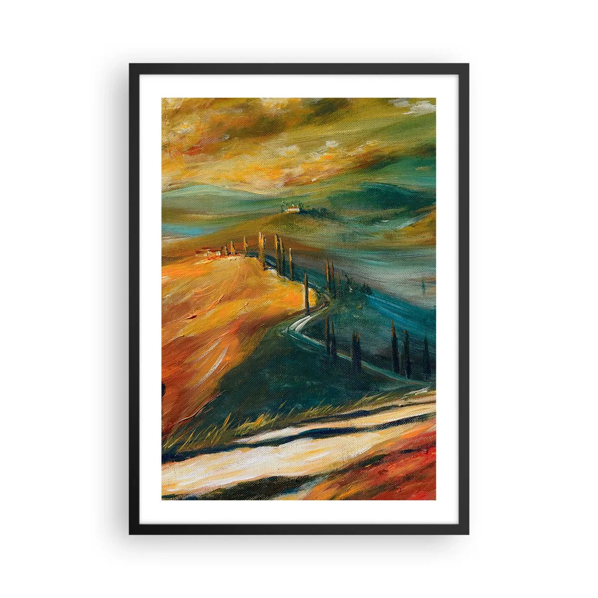Affisch i svart ram - Ett landskap i intensiva färger, en väg genom kullarna - 50x70cm - Toskanskt landskap - Modern väggdekoration för vardagsrum och sovrum ARTTOR
