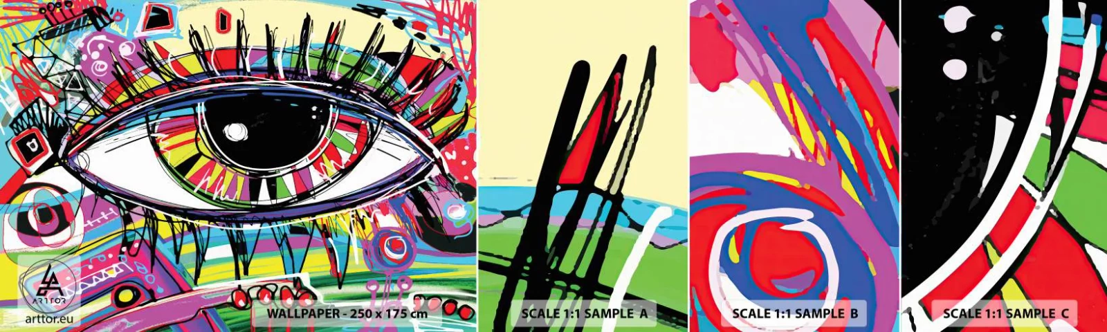 Provbit av självhäftande fototapet Deluxe Sticker - Färgglatt öga - färgglad själ - Abstraktion, Öga, Grafik - 100x30 cm