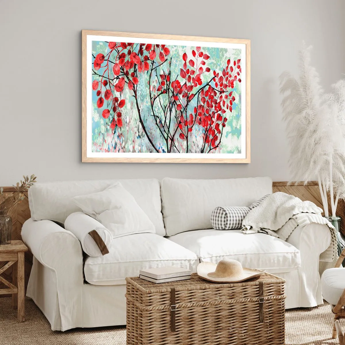 Affisch i ram av ljusek - Träd i scharlakansröd - 100x70 cm