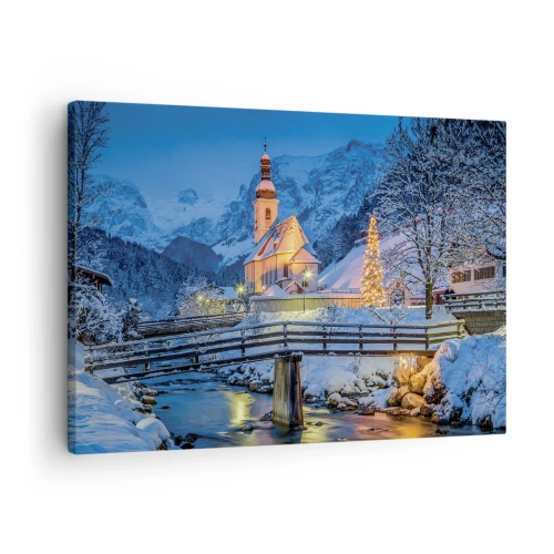 Canvastavla - Bild på duk - Vinterlandskap med kyrka, bro och berg i skymningen - 70x50cm - Julens anda - Modern väggdekoration för vardagsrum och sovrum ARTTOR