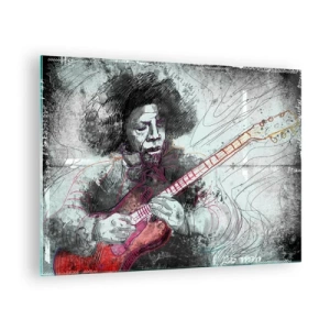 Glastavla - Bild på glas - Konstnärligt porträtt av en musiker med en elgitarr - 70x50cm - På musikens vågor - Modern väggdekoration för vardagsrum och sovrum ARTTOR