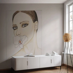 Fototapet Standard Eco - En kvinna med en orkidé i munnen i en minimalistisk skiss. - 100x70cm - Elegansens och skönhetens symbol - Modern väggdekoration för vardagsrum och sovrum ARTTOR