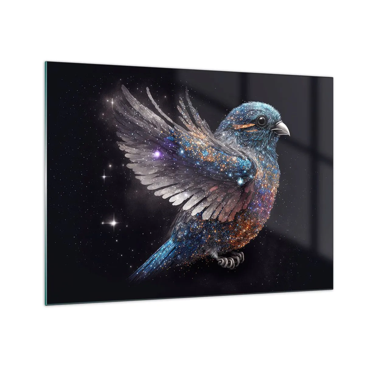Glastavla - Bild på glas - Rymdsparv med diamantglitter - 70x50cm - Diamant sparv - Modern väggdekoration för vardagsrum och sovrum ARTTOR