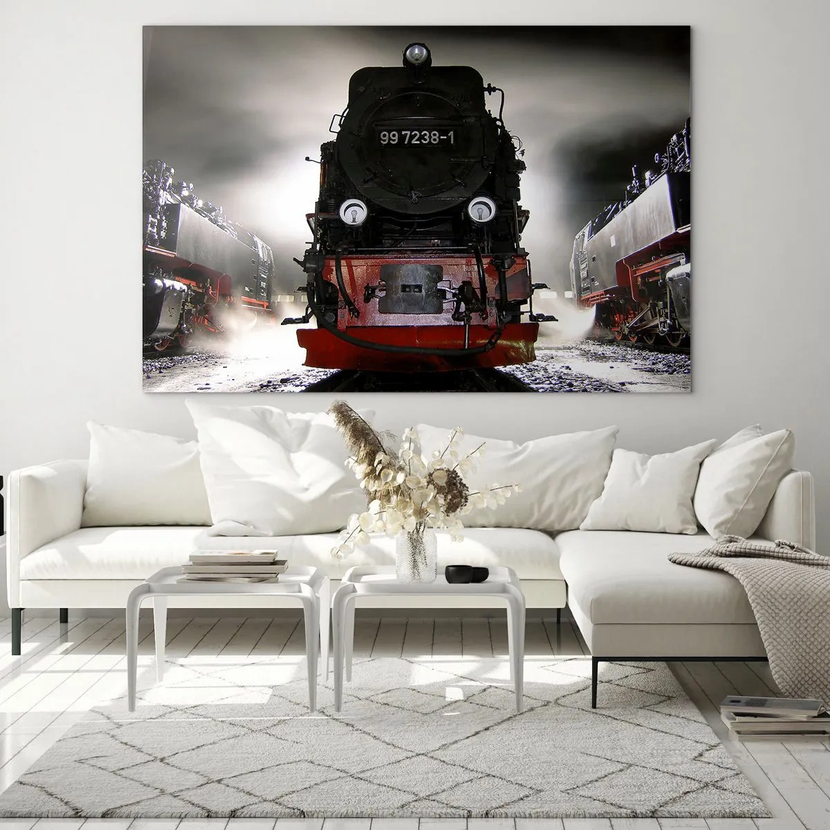 Glastavla - Bild på glas - Ett ånglok omgivet av ånga och ljus - 70x50cm - Står och stjäler, andas och blåser - Modern väggdekoration för vardagsrum och sovrum ARTTOR